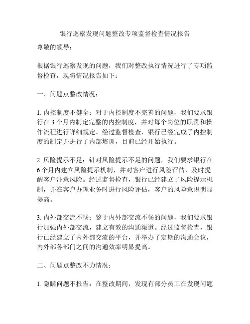 银行巡察发现问题整改专项监督检查情况报告