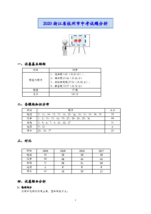 2020年杭州中考科学试题分析