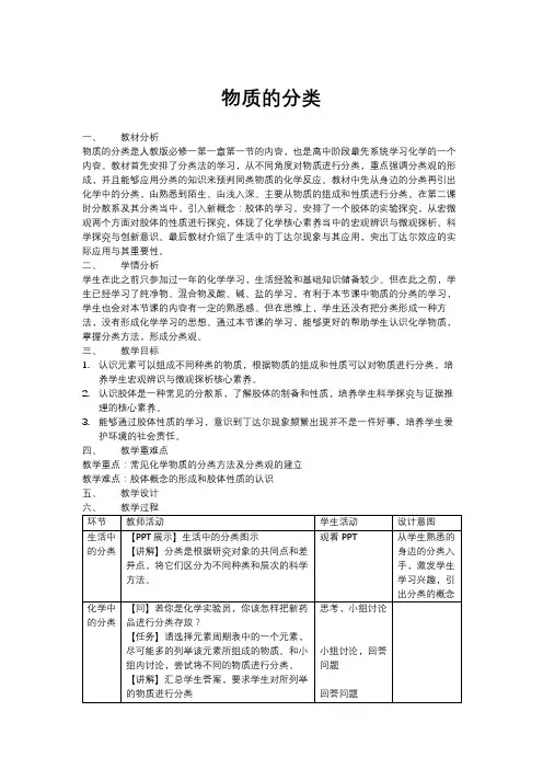 1.1.物质的分类教学设计高一上学期人教版