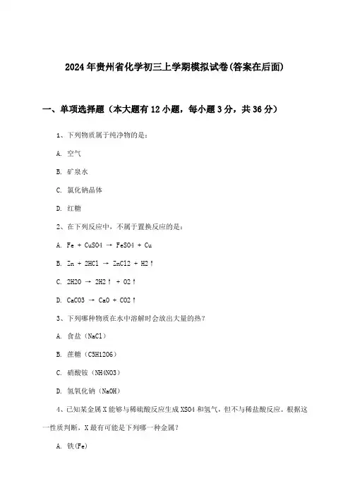 2024年贵州省初三上学期化学试卷与参考答案