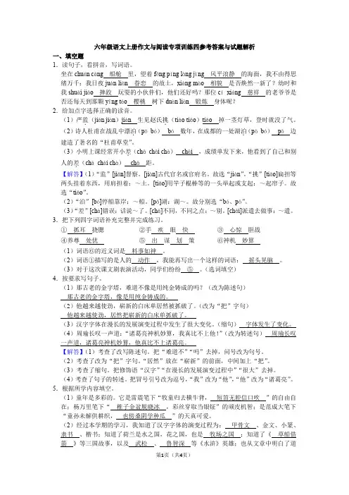 六年级语文上册作文与阅读专项训练四参考答案与试题解析