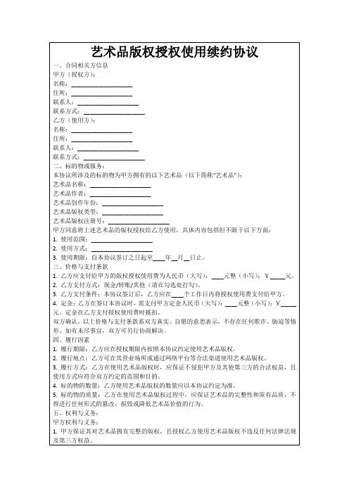 艺术品版权授权使用续约协议
