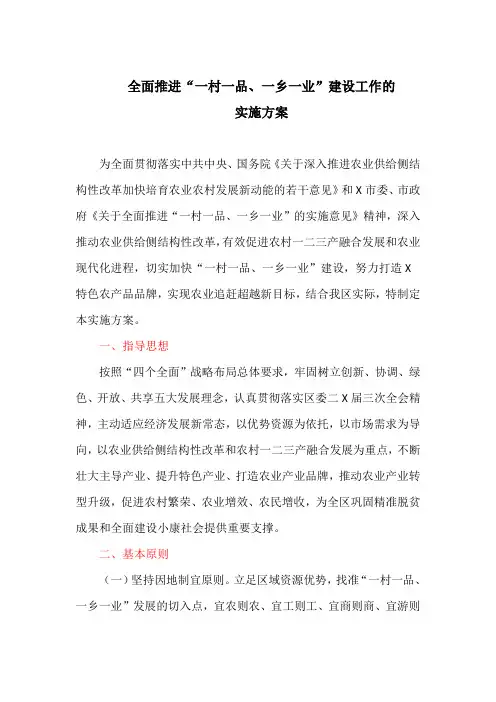 全面推进“一村一品、一乡一业”建设工作的实施方案