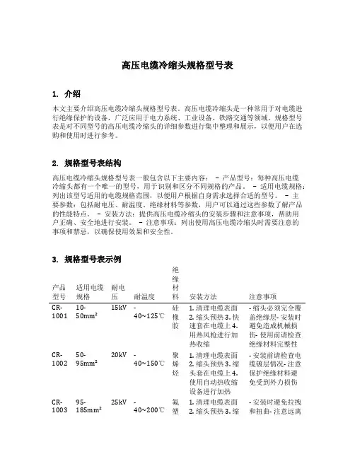 高压电缆冷缩头规格型号表