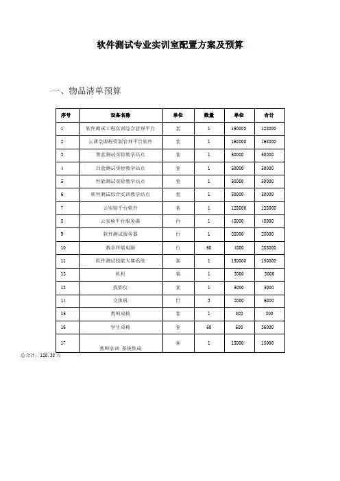 软件测试专业实训室配置方案及预算