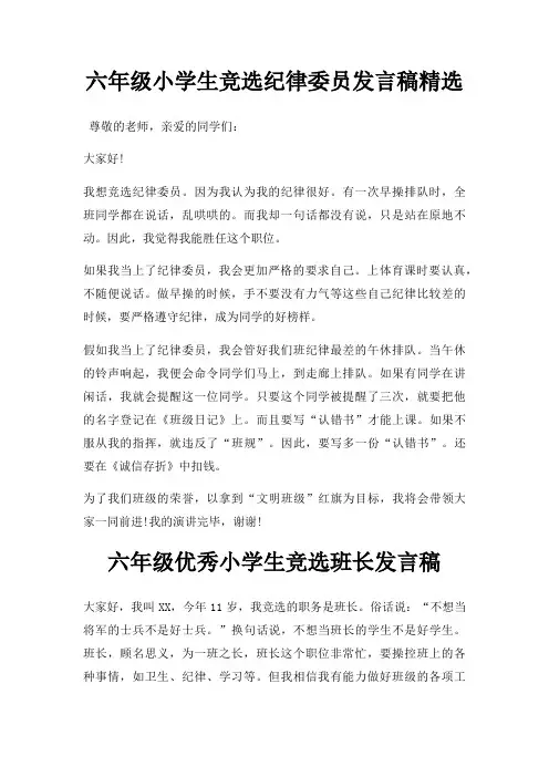 六年级小学生竞选纪律委员发言稿三篇