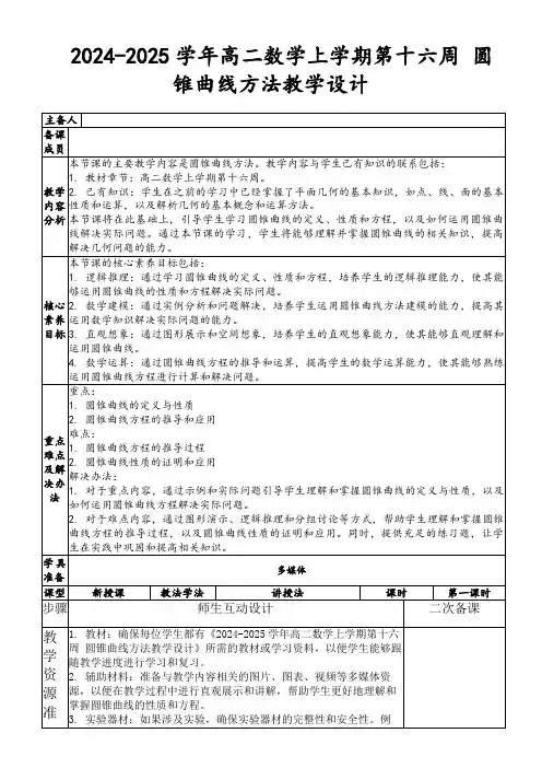 2024-2025学年高二数学上学期第十六周圆锥曲线方法教学设计