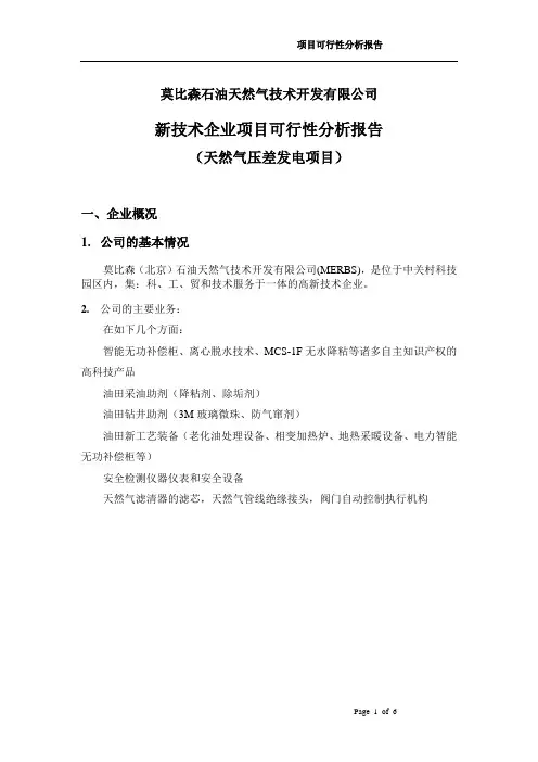 天然气压差发电项目可行性分析报告