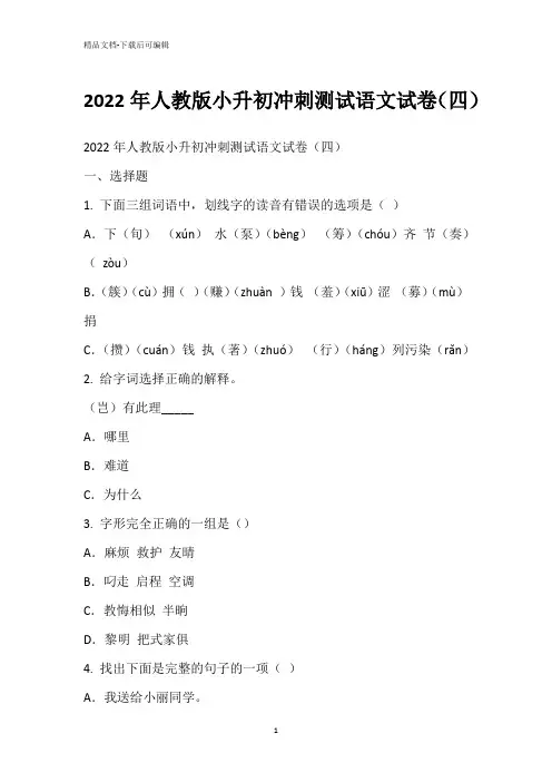 2022年人教版小升初冲刺测试语文试卷(四)