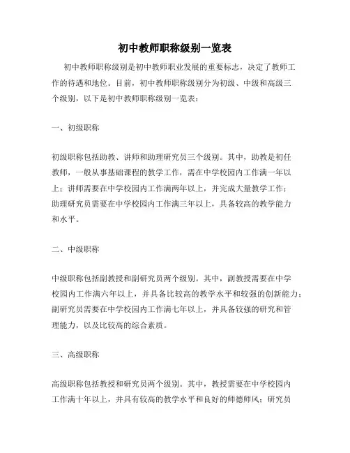 初中教师职称级别一览表