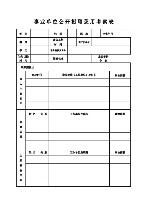 事 业 单 位 公 开 招 聘 录 用 考 察 表