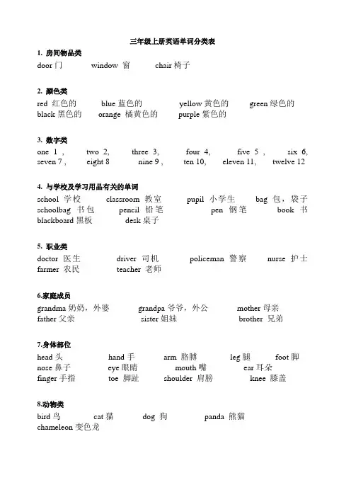 三年级上册英语词汇表(分类)
