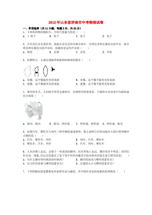 山东省济南市中考物理试卷(带解析)