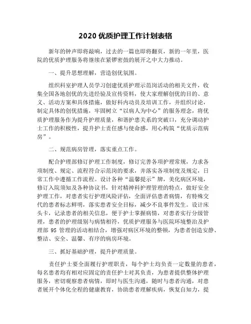 2020优质护理工作计划表格