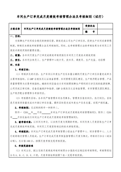 车间生产订单完成月度考核管理办法及考核细则