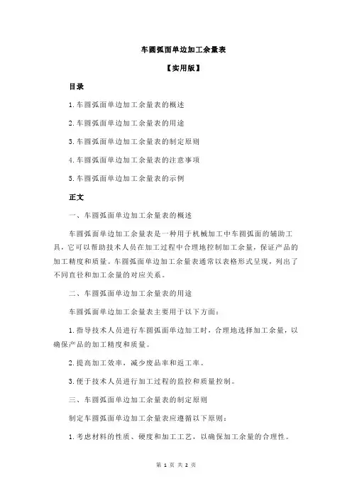车圆弧面单边加工余量表