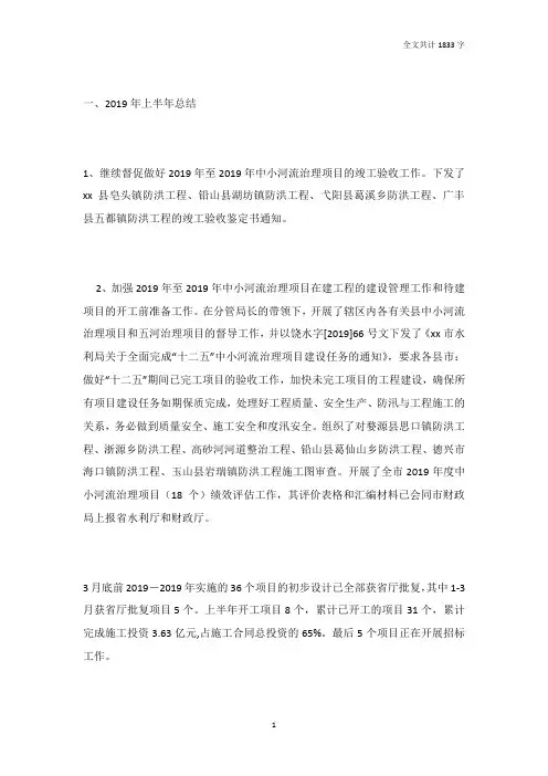水利局河湖处2019年上半年工作总结