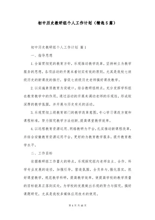 初中历史教研组个人工作计划(精选5篇)