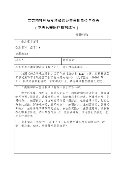 医院诊所二类精神药品专项整治经营使用单位自查表
