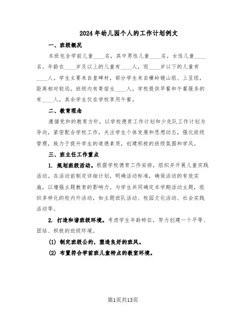 2024年幼儿园个人的工作计划例文（6篇）