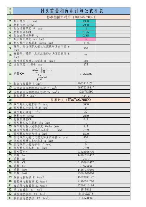 非标自动化2021—封头重量和容积计算表格