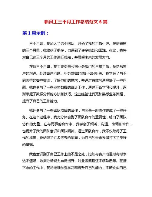 新员工三个月工作总结范文6篇