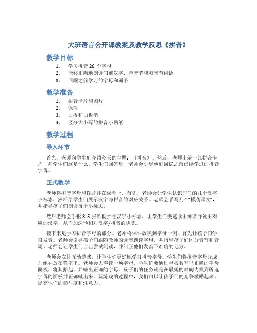 大班语言公开课教案及教学反思《拼音》