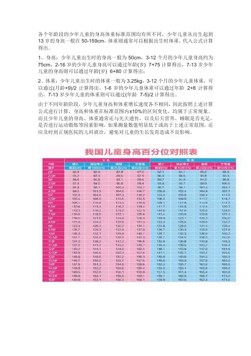 少年儿童身高体重对照表