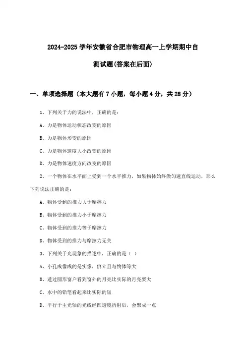 安徽省合肥市物理高一上学期期中试题及解答参考(2024-2025学年)