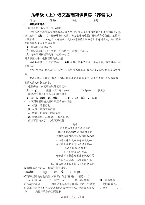 基础知识训练2023-2024学年统编版语文九年级上册