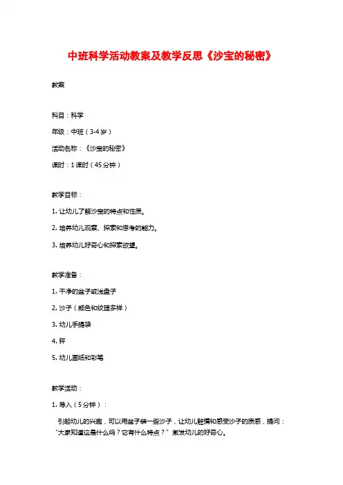 中班科学活动教案及教学反思《沙宝的秘密》