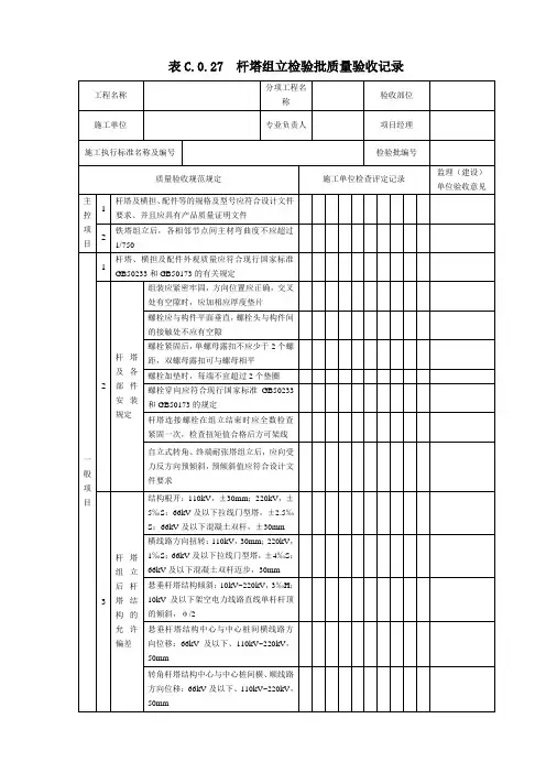 表C.0.27  杆塔组立检验批质量验收记录(2019版)