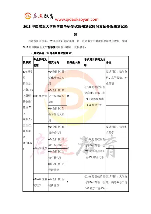 2018中国农业大学理学院考研复试通知复试时间复试分数线复试经验