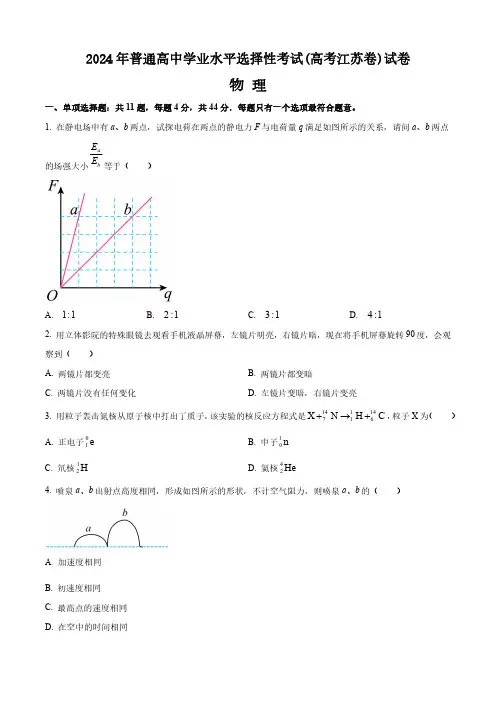 2024年普通高中学业水平选择性考试(高考江苏卷)物理试卷(附答案)
