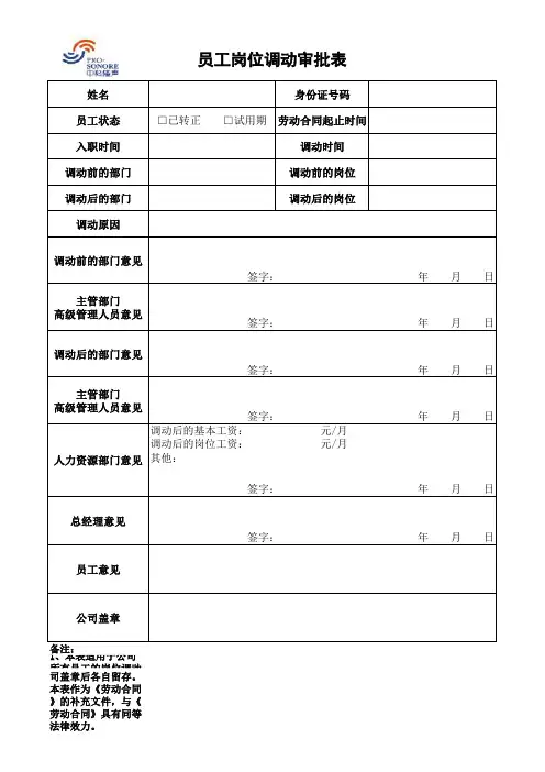 岗位调动审批表及岗位异动交接单