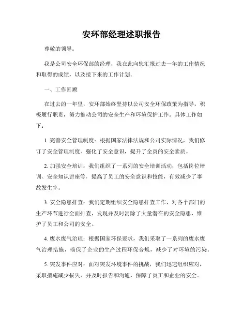 安环部经理述职报告
