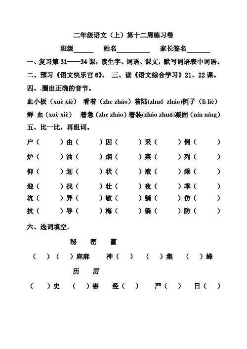 二年级第十二周周末练习