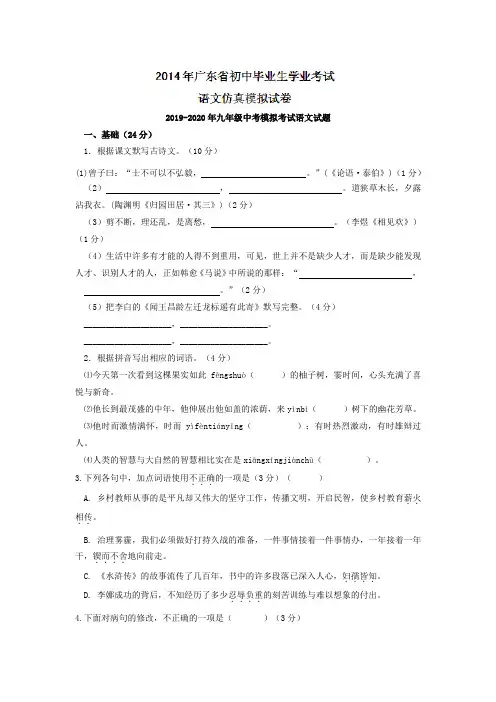 2019-2020年九年级中考模拟考试语文试题