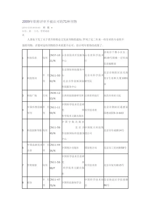 2009年职称评审不被认可的71种刊物