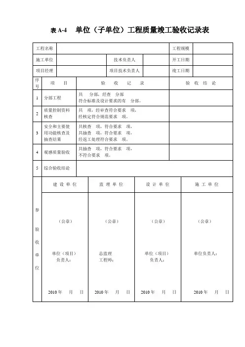 桥梁单位(子单位)工程质量竣工验收记录表