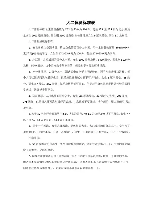 大二体测标准表