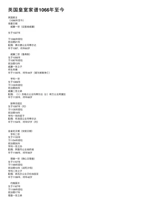 英国皇室家谱1066年至今