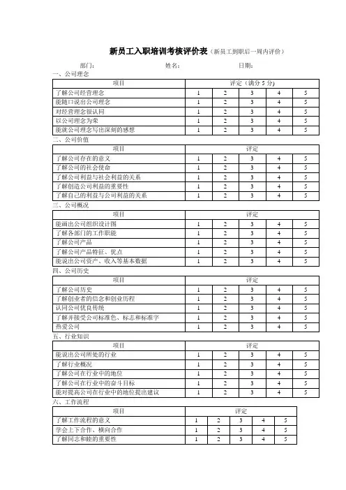 新员工入职培训考核评价表