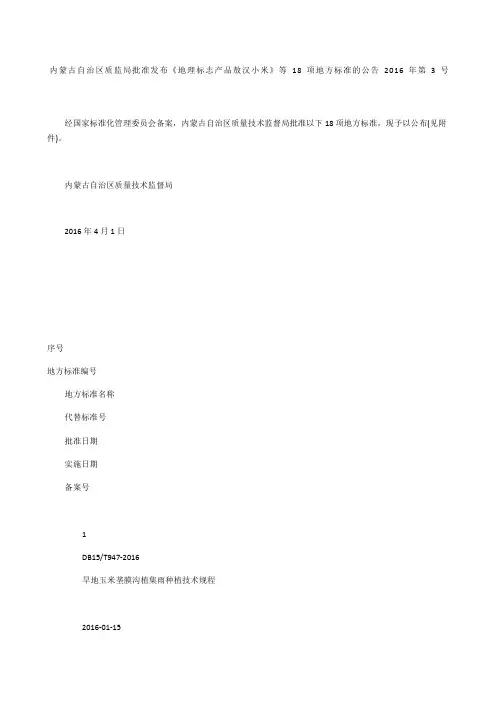 内蒙古自治区质监局批准发布《地理标志产品 敖汉小米》等8项地方标准的公告 206年第3号