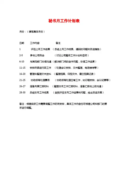 秘书月工作计划表