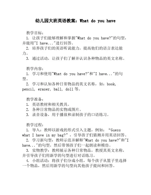 幼儿园大班英语教案：What do you have