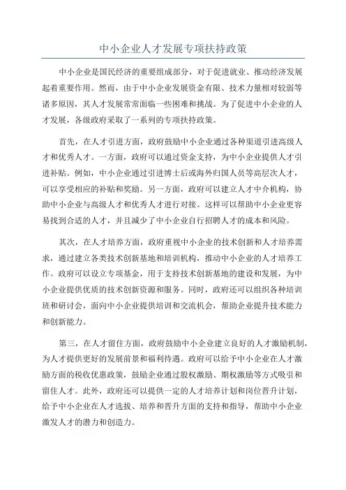 中小企业人才发展专项扶持政策