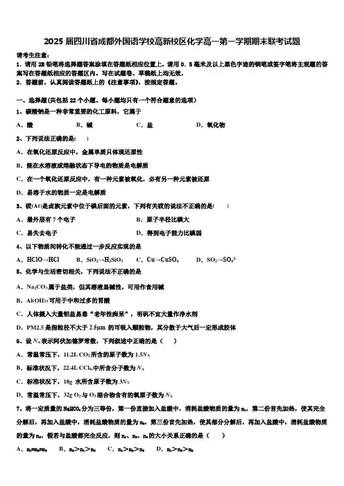 2025届四川省成都外国语学校高新校区化学高一第一学期期末联考试题含解析