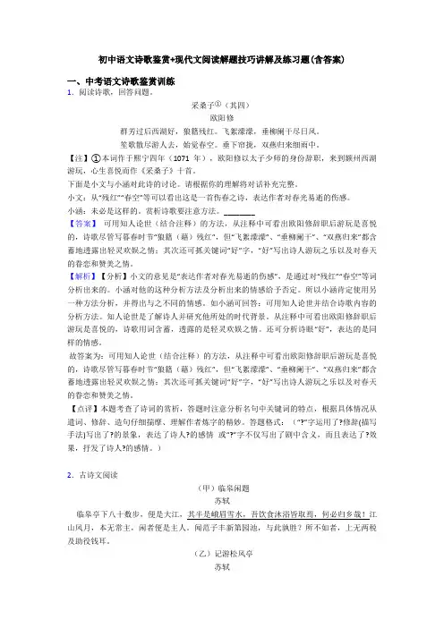 初中语文诗歌鉴赏+现代文阅读解题技巧讲解及练习题(含答案)