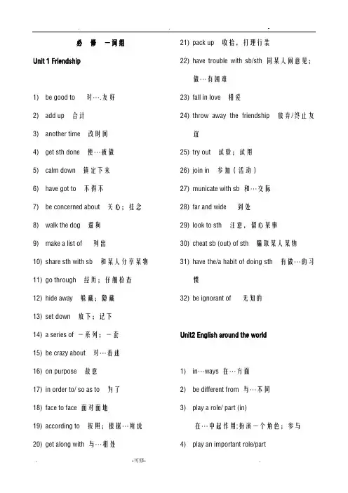 人教版高中英语必修一至必修五重点词组归纳